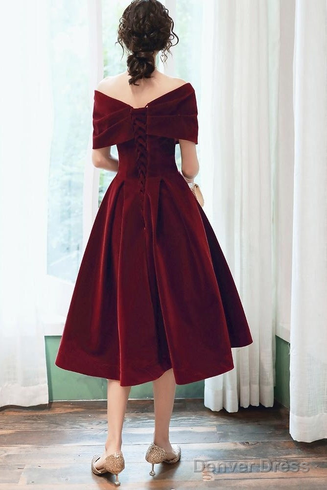 Wine Red Velvet Tea Length Homecoming Dress, Dark Red Prom Dresses