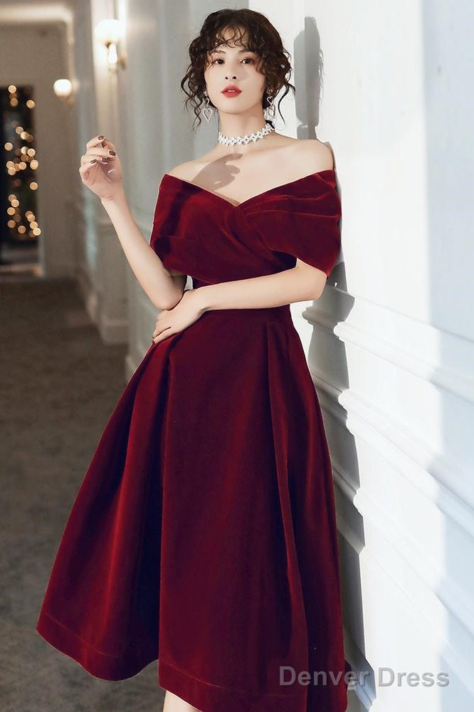 Wine Red Velvet Tea Length Homecoming Dress, Dark Red Prom Dresses Main image