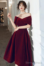 Wine Red Velvet Tea Length Homecoming Dress, Dark Red Prom Dresses