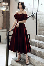 Wine Red Velvet Tea Length Off Shoulder Party Dress, Wine Red Bridesmaid Dress