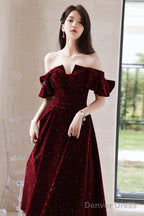 Wine Red Velvet Tea Length Prom Dress Graduation Dress, Wine Red Prom Dresses