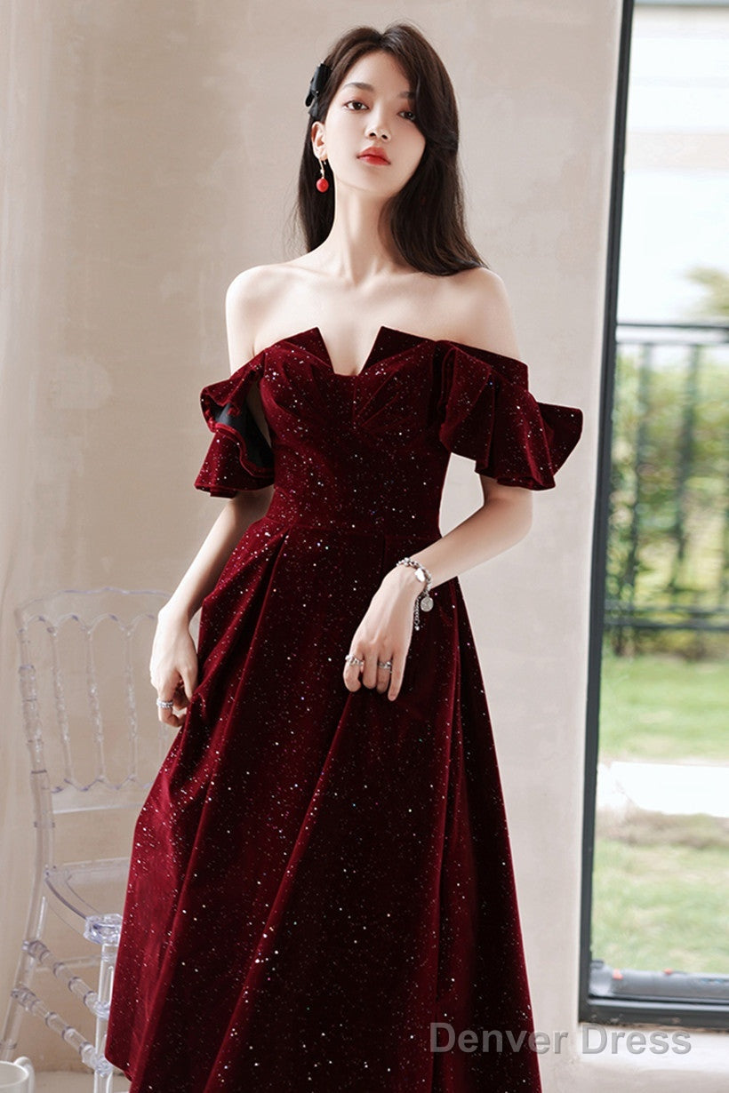 Wine Red Velvet Tea Length Prom Dress Graduation Dress, Wine Red Prom Dresses