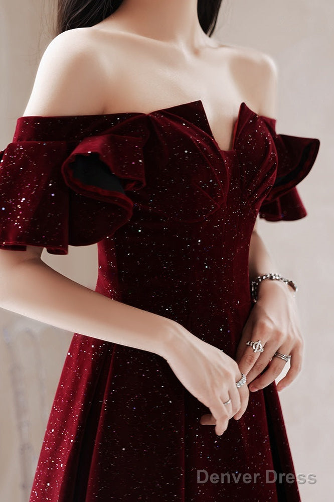 Wine Red Velvet Tea Length Prom Dress Graduation Dress, Wine Red Prom Dresses