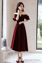 Wine Red Velvet Tea Length Prom Dress Graduation Dress, Wine Red Prom Dresses
