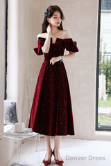 Wine Red Velvet Tea Length Party Dress Graduation Dress, Wine Red Prom Dress