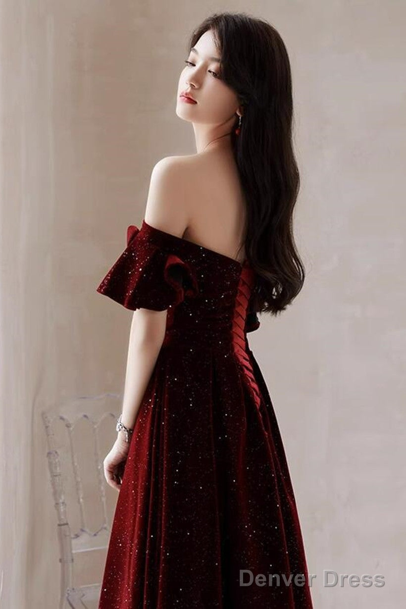 Wine Red Velvet Tea Length Prom Dress Graduation Dress, Wine Red Prom Dresses