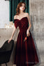Wine Red Velvet Tea Length Party Dress, Wine Red Homecoming Dress Prom Dress