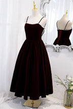 Wine Red Velvet Tea Length Prom Dress, Wine Red Straps Homecoming Dresses