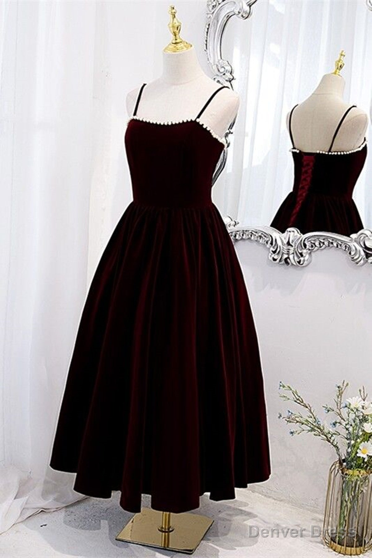 Wine Red Velvet Tea Length Prom Dress, Wine Red Straps Homecoming Dresses
