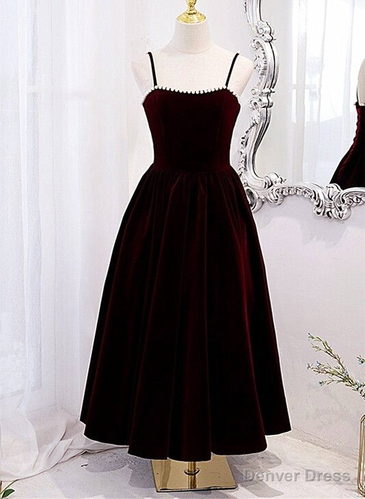 Wine Red Velvet Tea Length Party Dress, Wine Red Straps Homecoming Dress Main image