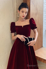 Wine Red Velvet Tea Length Short Sleeves Party Dress, Dark Red Evening Dresses