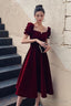 Wine Red Velvet Tea Length Short Sleeves Prom Dress, Dark Red Prom Dresses