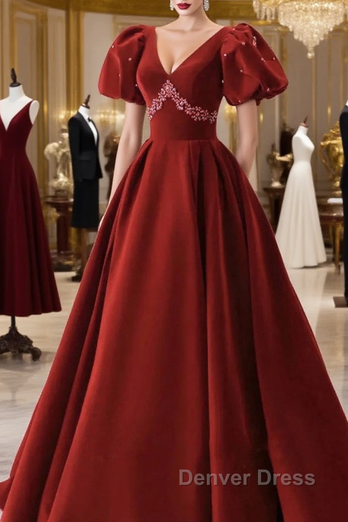 Wine Red Velvet V-Neckline Beaded Short Sleeves Party Dresses, Wine Red Long Prom Dresses Main image