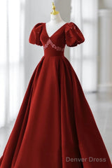 Wine Red Velvet V-Neckline Beaded Short Sleeves Party Dress, Wine Red Long Prom Dress