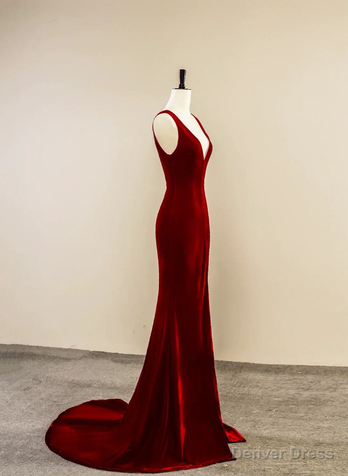 Wine Red Velvet V Neckline Long Prom Dress, A Line Velvet Prom Dresses with Slit Main image