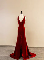 Wine Red Velvet V Neckline Long Prom Dress, A Line Velvet Prom Dresses with Slit
