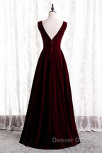 Wine Red Velvet V-Neckline Simple Long Party Dresses, Wine Red Bridesmaid Dresses