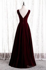 Wine Red Velvet V-Neckline Simple Long Party Dress, Wine Red Bridesmaid Dress
