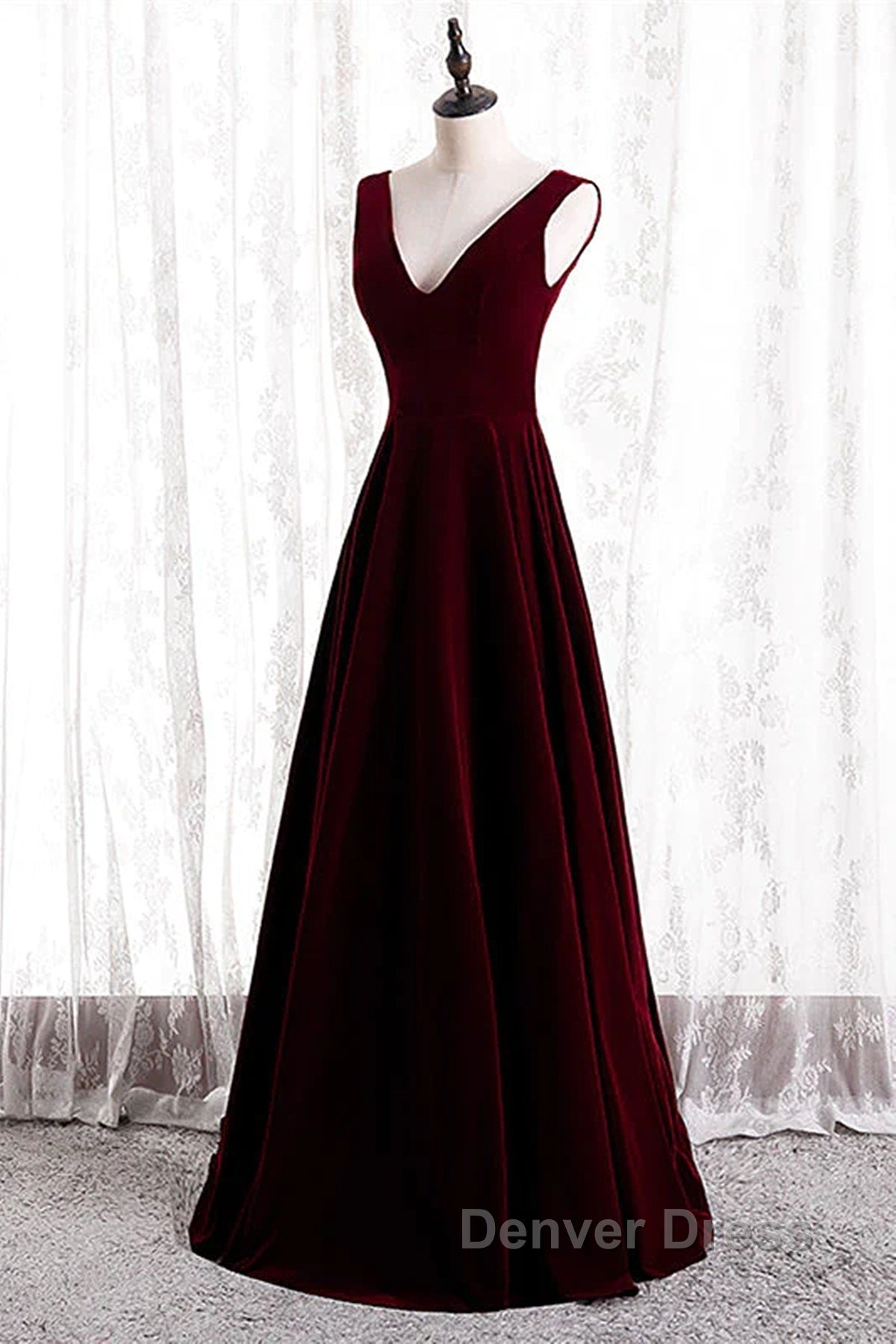 Wine Red Velvet V-Neckline Simple Long Prom Dress, Wine Red Bridesmaid Dresses