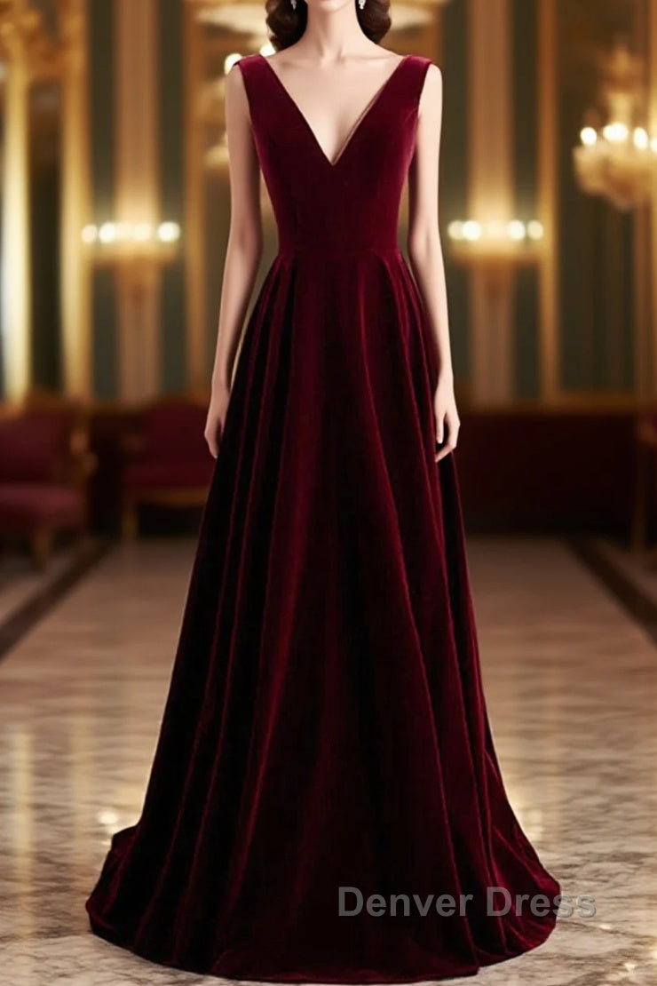 Wine Red Velvet V-Neckline Simple Long Party Dresses, Wine Red Bridesmaid Dresses Main image