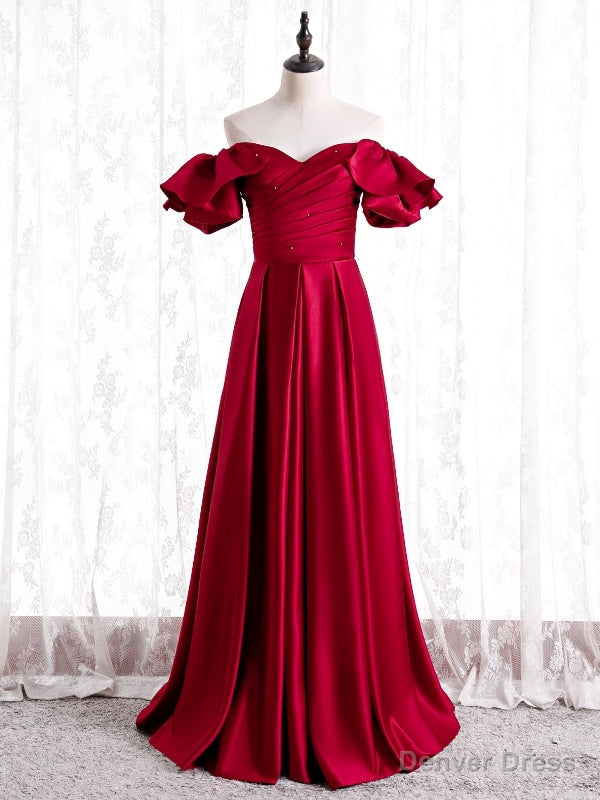 Winsome Burgundy Satin Off the Shoulder Pleats Prom Dress Main image