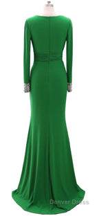 Women Long Mother of Bride Dresses Green Grey Long Sleeve V Neck Evening Dresses