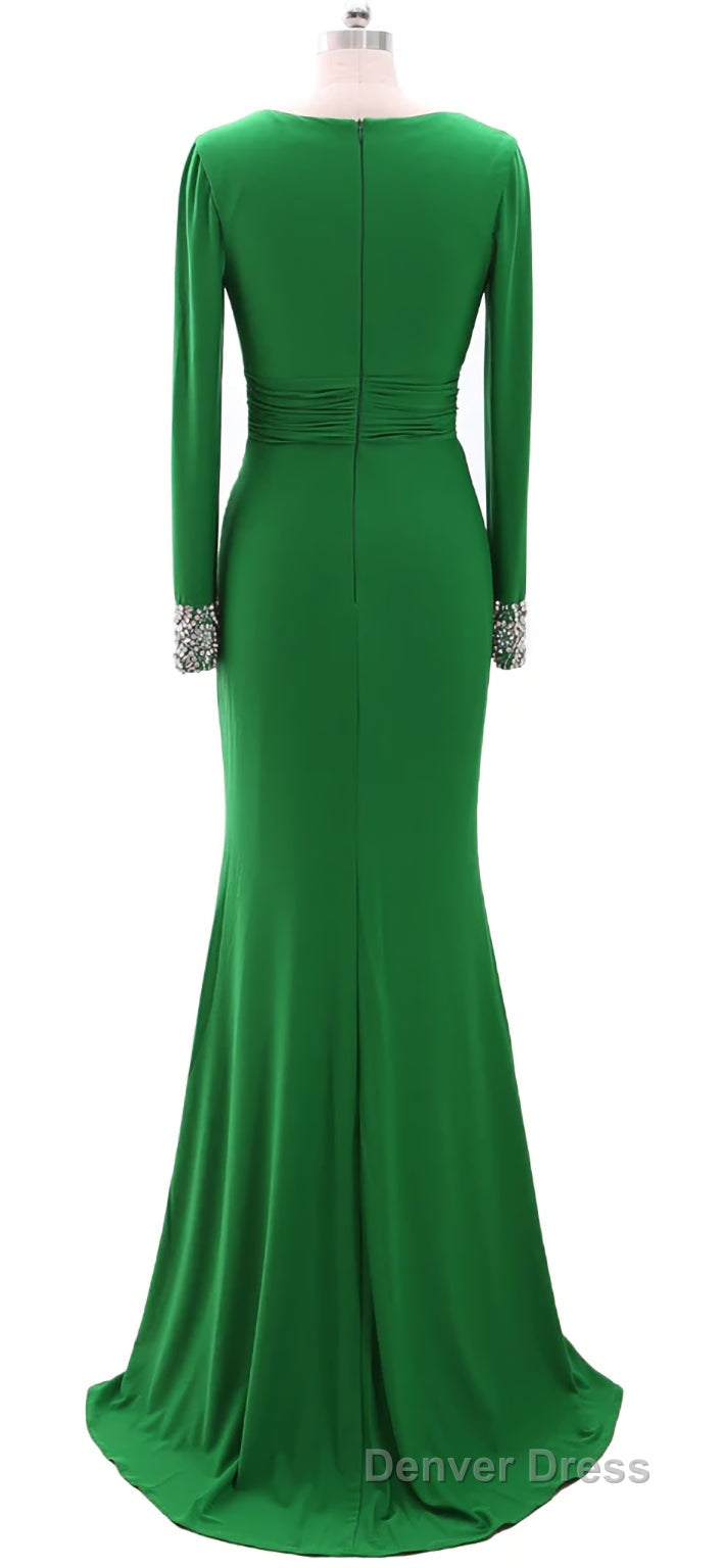 Women Long Mother of Bride Dresses Green Grey Long Sleeve V Neck Evening Dresses
