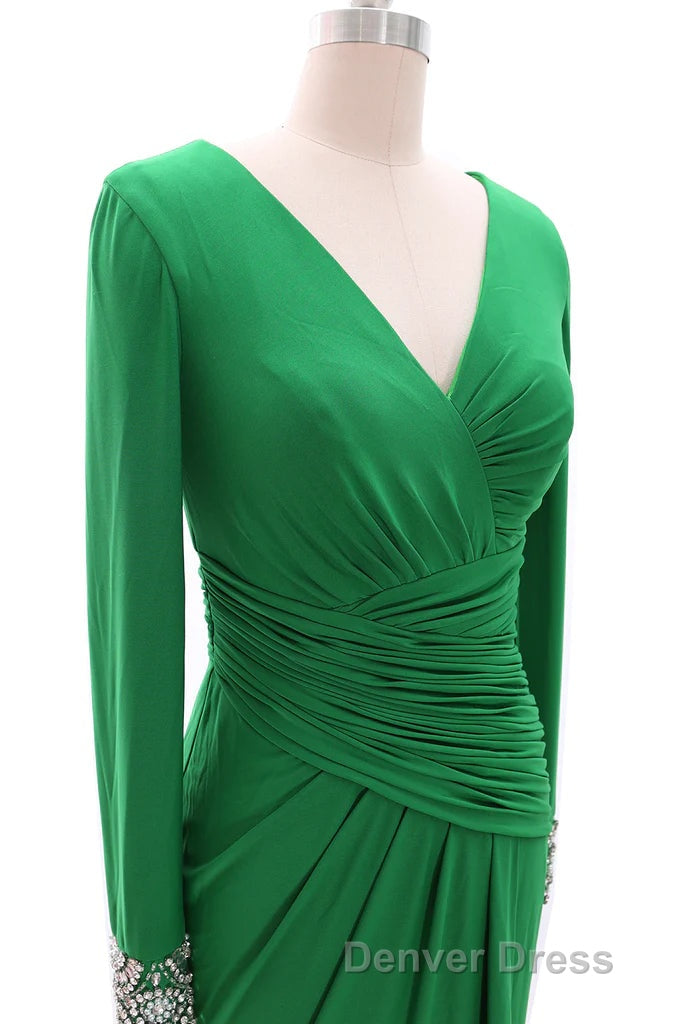 Women Long Mother of Bride Dresses Green Grey Long Sleeve V Neck Evening Dresses