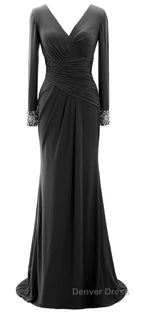 Women Long Mother of Bride Dress Green Grey Long Sleeve V Neck Prom Dresses