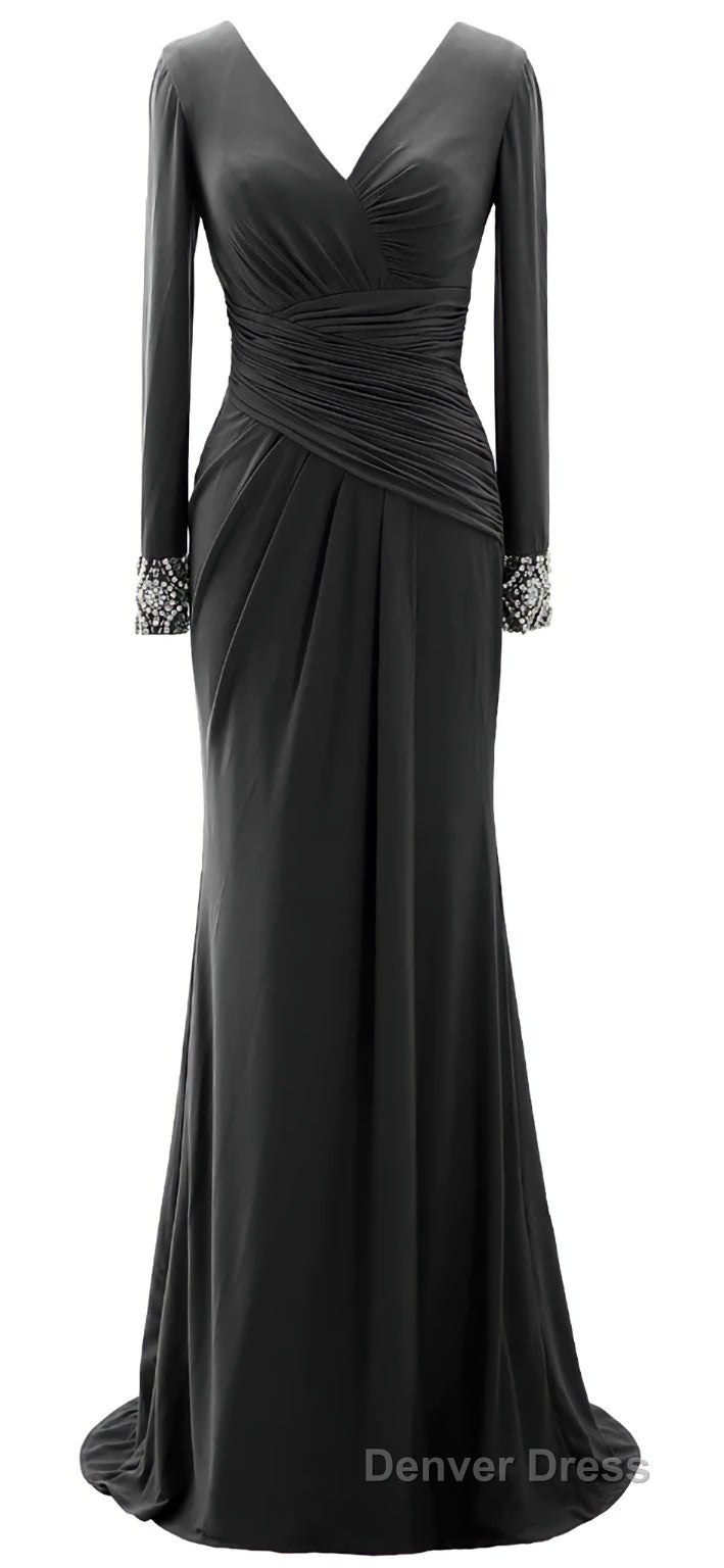 Women Long Mother of Bride Dress Green Grey Long Sleeve V Neck Prom Dresses