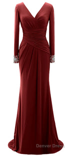 Women Long Mother of Bride Dress Green Grey Long Sleeve V Neck Prom Dresses
