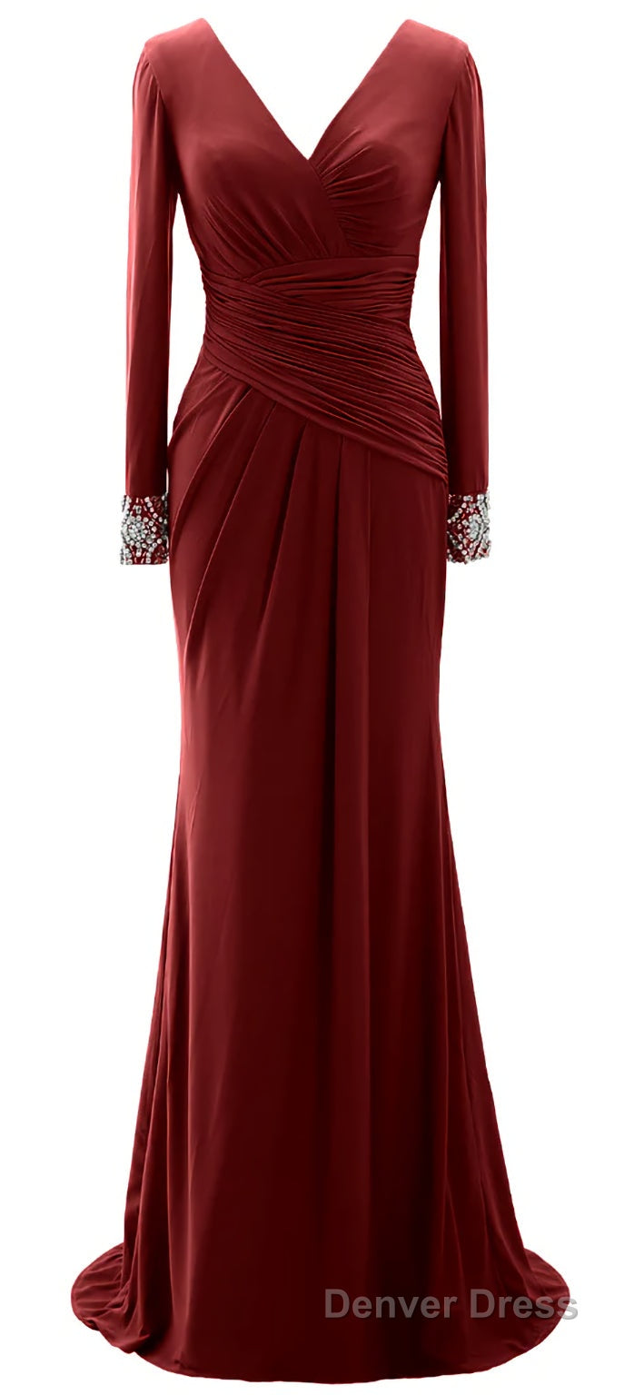 Women Long Mother of Bride Dress Green Grey Long Sleeve V Neck Prom Dresses