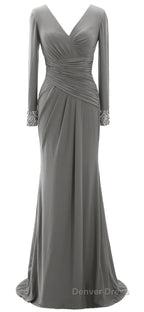 Women Long Mother of Bride Dress Green Grey Long Sleeve V Neck Prom Dresses