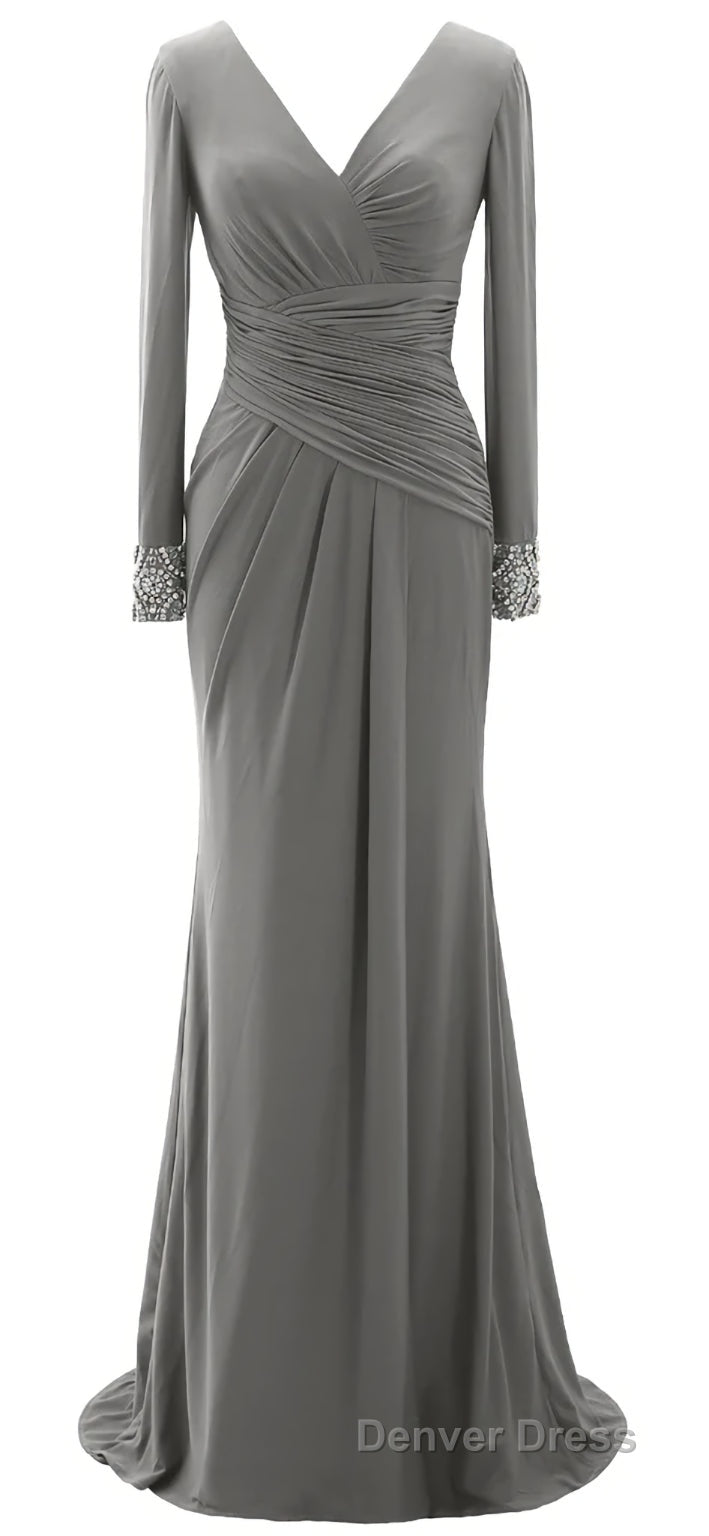 Women Long Mother of Bride Dress Green Grey Long Sleeve V Neck Prom Dresses