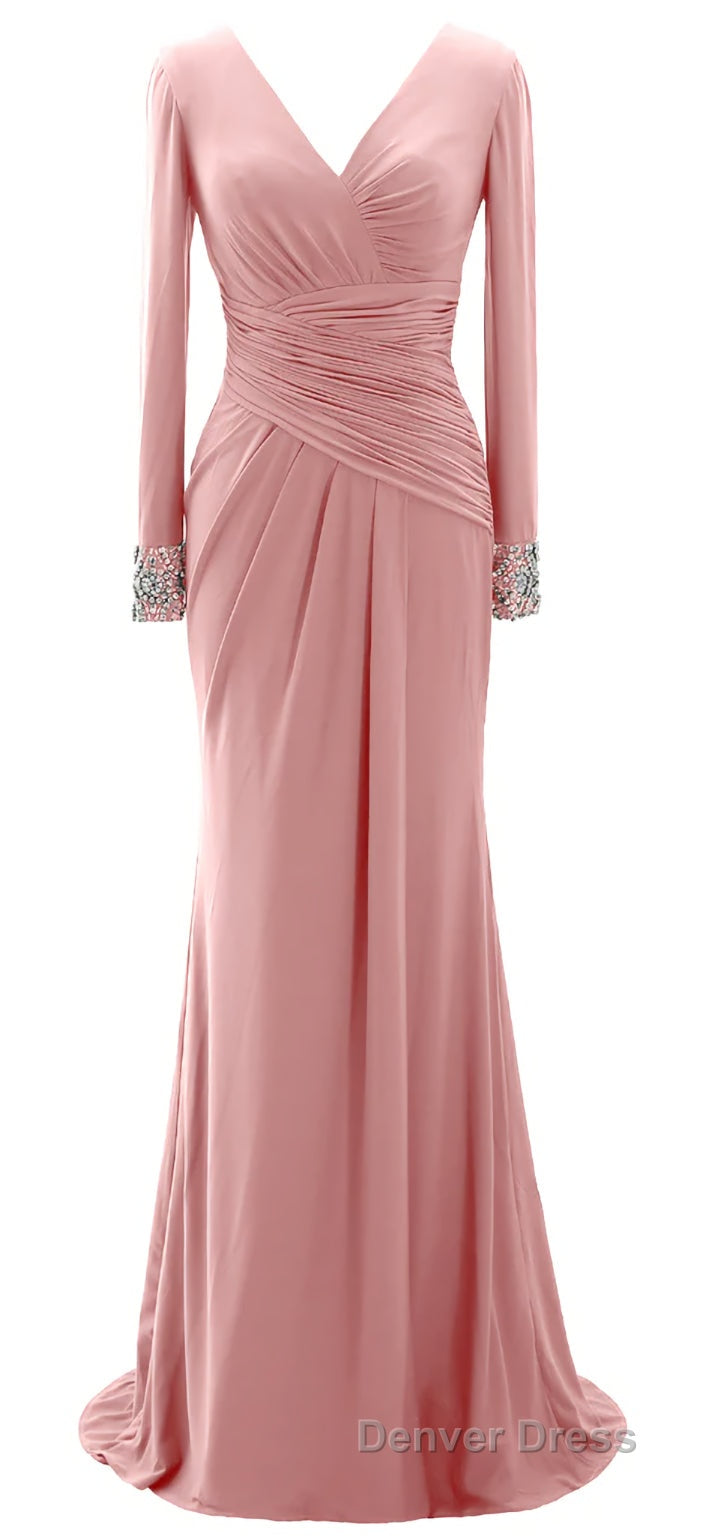 Women Long Mother of Bride Dress Green Grey Long Sleeve V Neck Prom Dresses