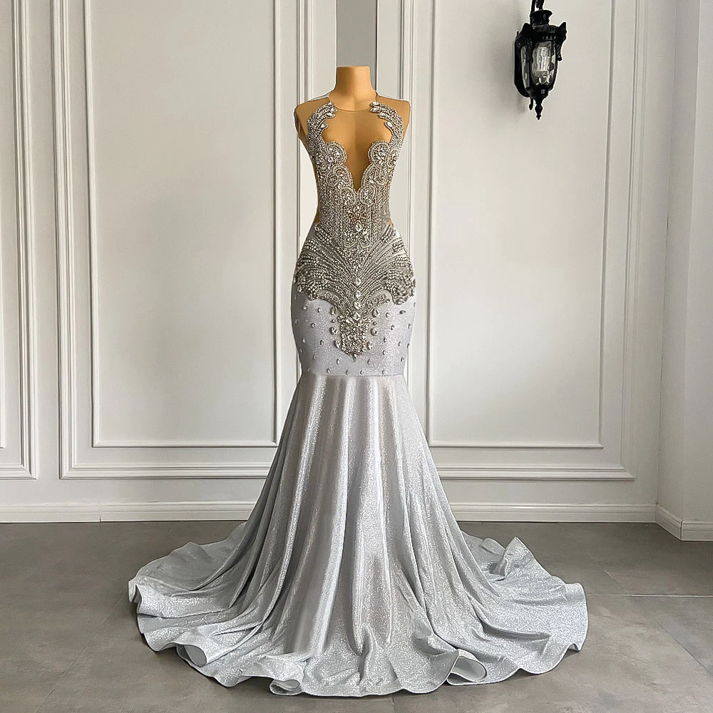 Women Silver Long Mermaid Prom Dresses Sexy Sheer Mesh Luxury Sparkly Handmade Diamond Black Girl Prom Gala Gown Secondary image