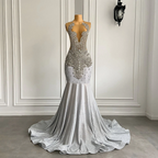 Women Silver Long Mermaid Prom Dresses Sexy Sheer Mesh Luxury Sparkly Handmade Diamond Black Girl Prom Gala Gown