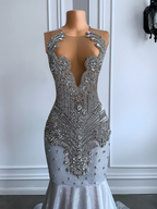 Women Silver Long Mermaid Prom Dresses Sexy Sheer Mesh Luxury Sparkly Handmade Diamond Black Girl Prom Gala Gown