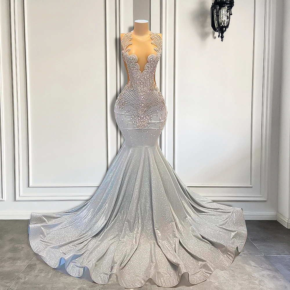 Women Silver Long Mermaid Prom Dresses Sexy Sheer Mesh Luxury Sparkly Handmade Diamond Black Girl Prom Gala Gown Main image