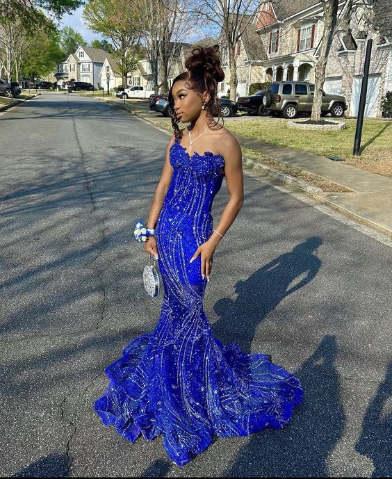 Women'S Mermaid Prom Dress, Sweetheart Sequin Royal Blue Birthday Prom Dresses