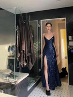 Womens Navy Sequined Slitted Spaghetti Strap V Neck Full-Length Prom Gowns Dresses
