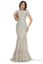 Short Sleeves Sequins A-Line Formal Evening Dress