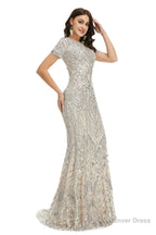 Short Sleeves Sequins A Line Prom Dresses