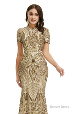 Short Sleeves Sequins A Line Prom Dresses
