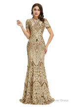 Short Sleeves Sequins A Line Prom Dresses