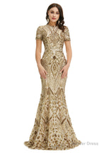 Short Sleeves Sequins A-Line Formal Evening Dress