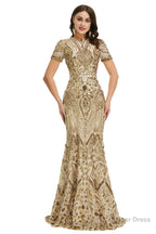 Short Sleeves Sequins A Line Prom Dresses