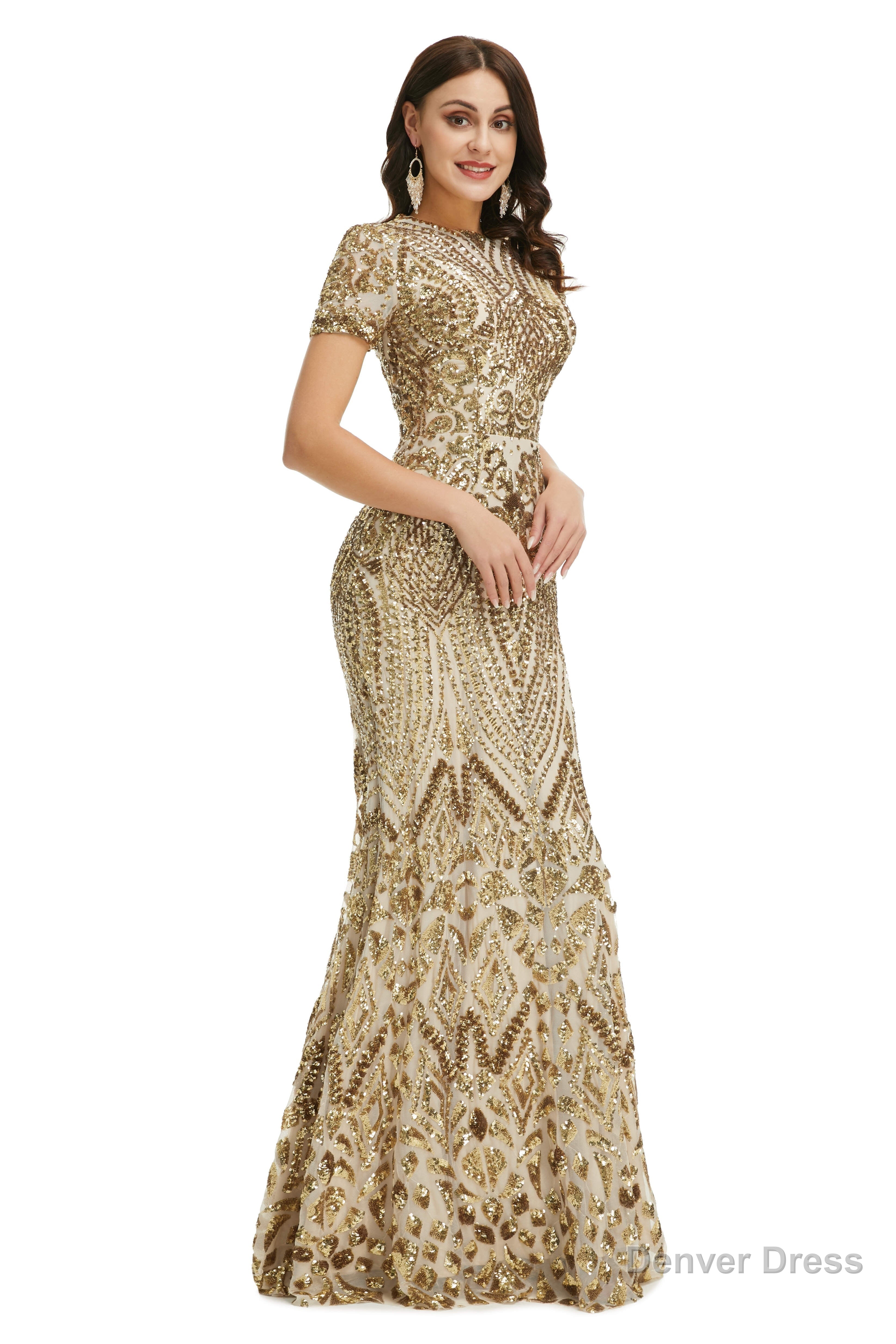 Short Sleeves Sequins A Line Prom Dresses