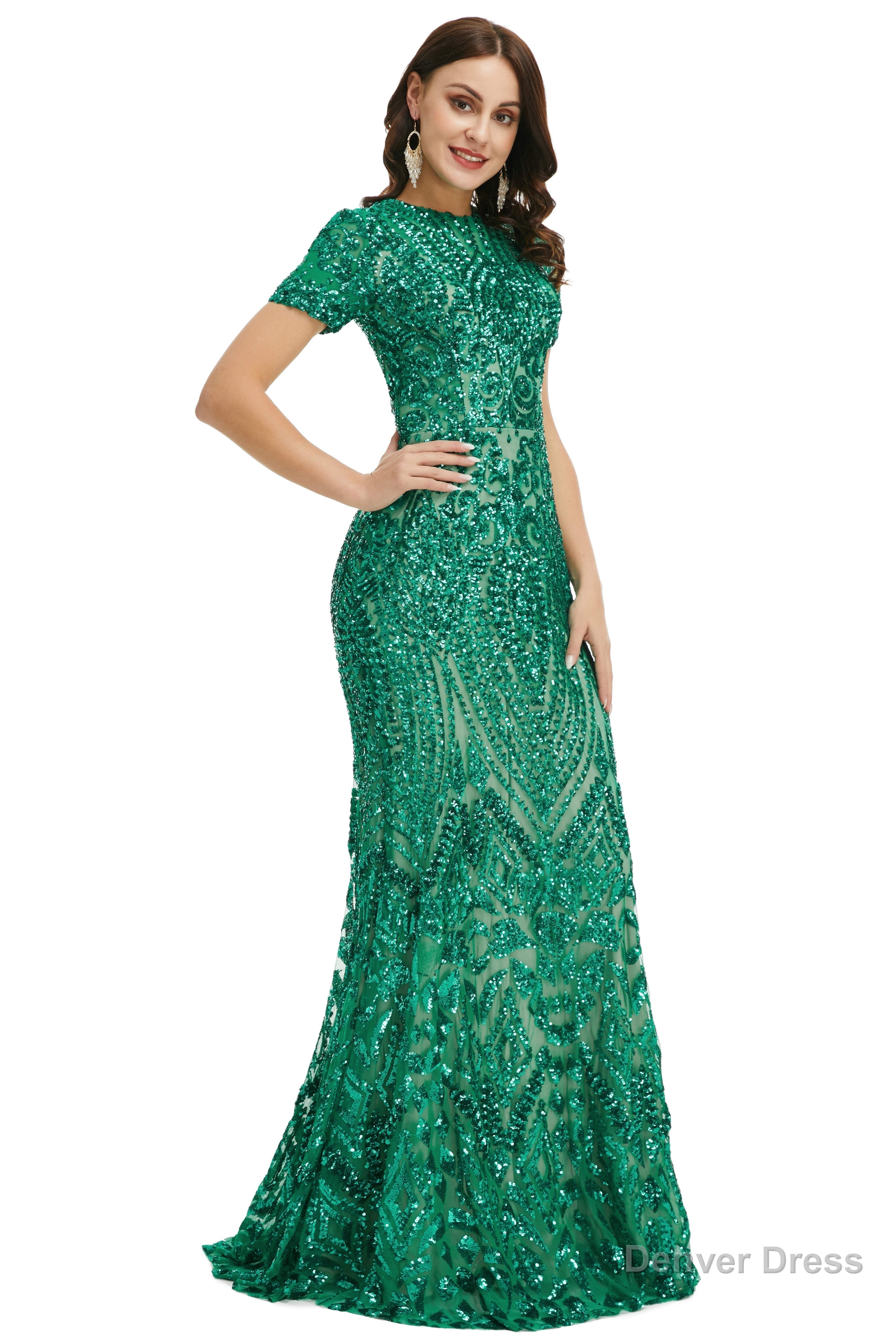 Short Sleeves Sequins A Line Prom Dresses