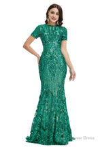 Short Sleeves Sequins A Line Prom Dresses